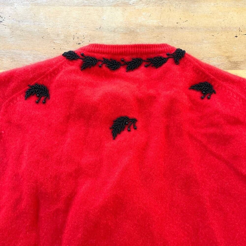 Vintage Original 1950s 60s Red Angora Lambswool Cardigan Beaded Sweater Medium - Picture 11 of 12